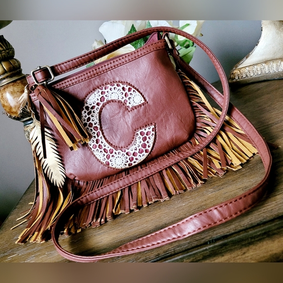 Justice Boho Fringe Faux Leather Crossbody Bag Letter "C" Monogram Brown - Picture 1 of 15